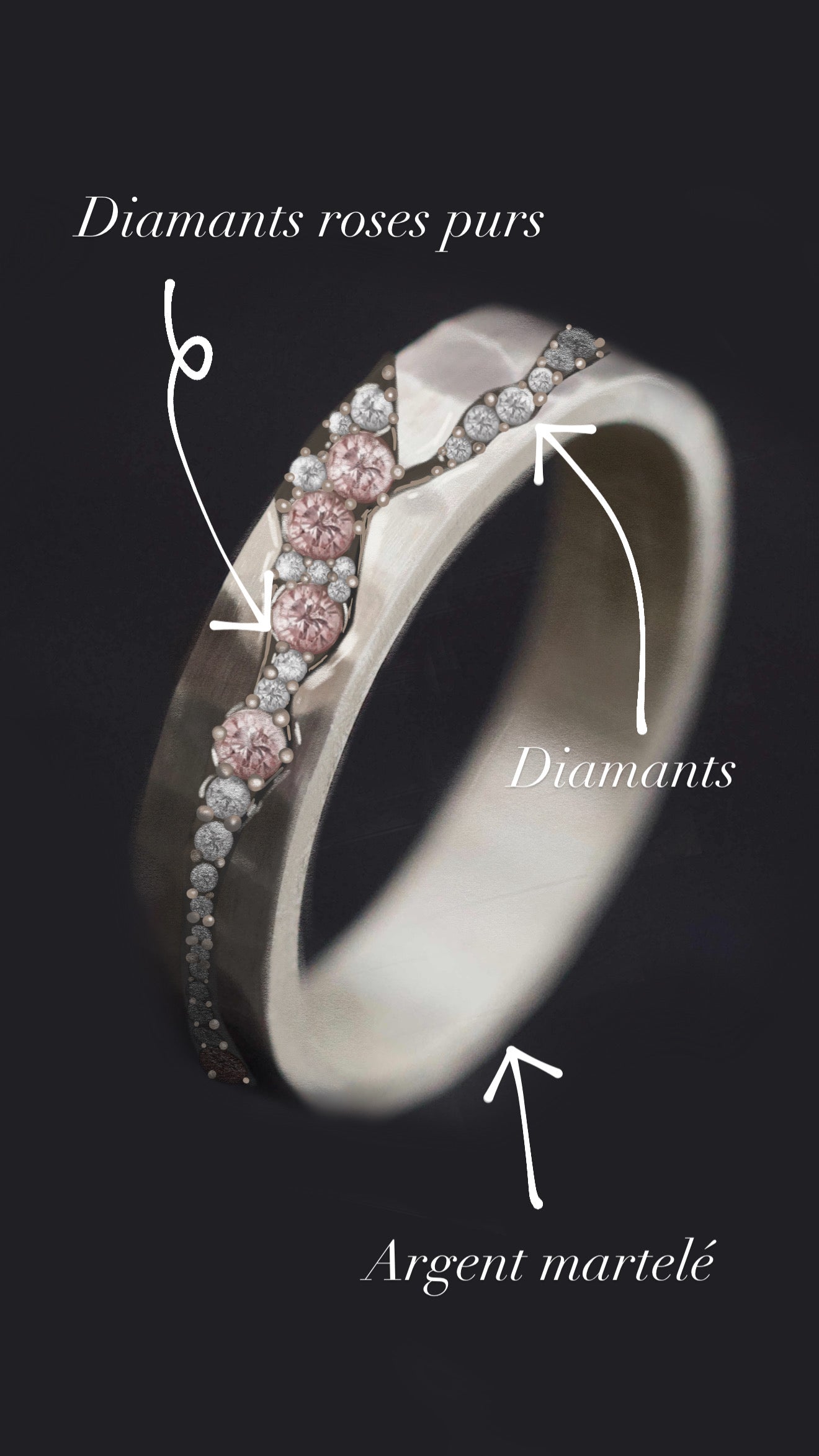 2/3 Addon Hanairo aus Silber mit Zermatter rosa Pur Diamanten und weissen Diamanten besetzt – für mood Ring