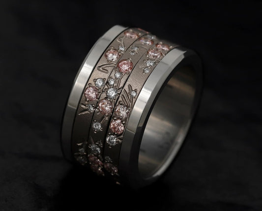 Set von 3 Innenringen aus 18K Graugold (3 Medium Addons) Hanami mit Diamanten und "Pur" rosa Diamanten für mood Luxus-Ring